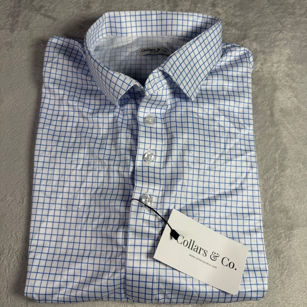 NWT Collars & Co Mens‎ Dress Collar Polo Shirt 2XL Blue White Grid Print Golf